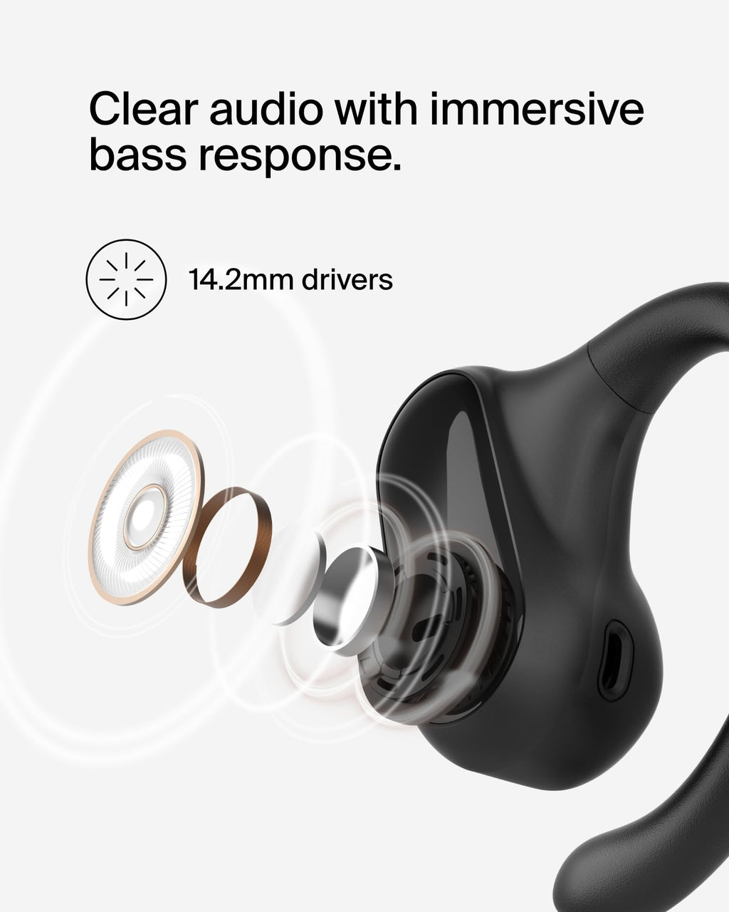 Belkin SoundForm ClearFit Open-Ear Headphones, lightweight wireless earphones with ENC, Bluetooth earbuds with ear hooks, clear calls, 26H playtime, IPX5 running and gym headphones for sports - Black