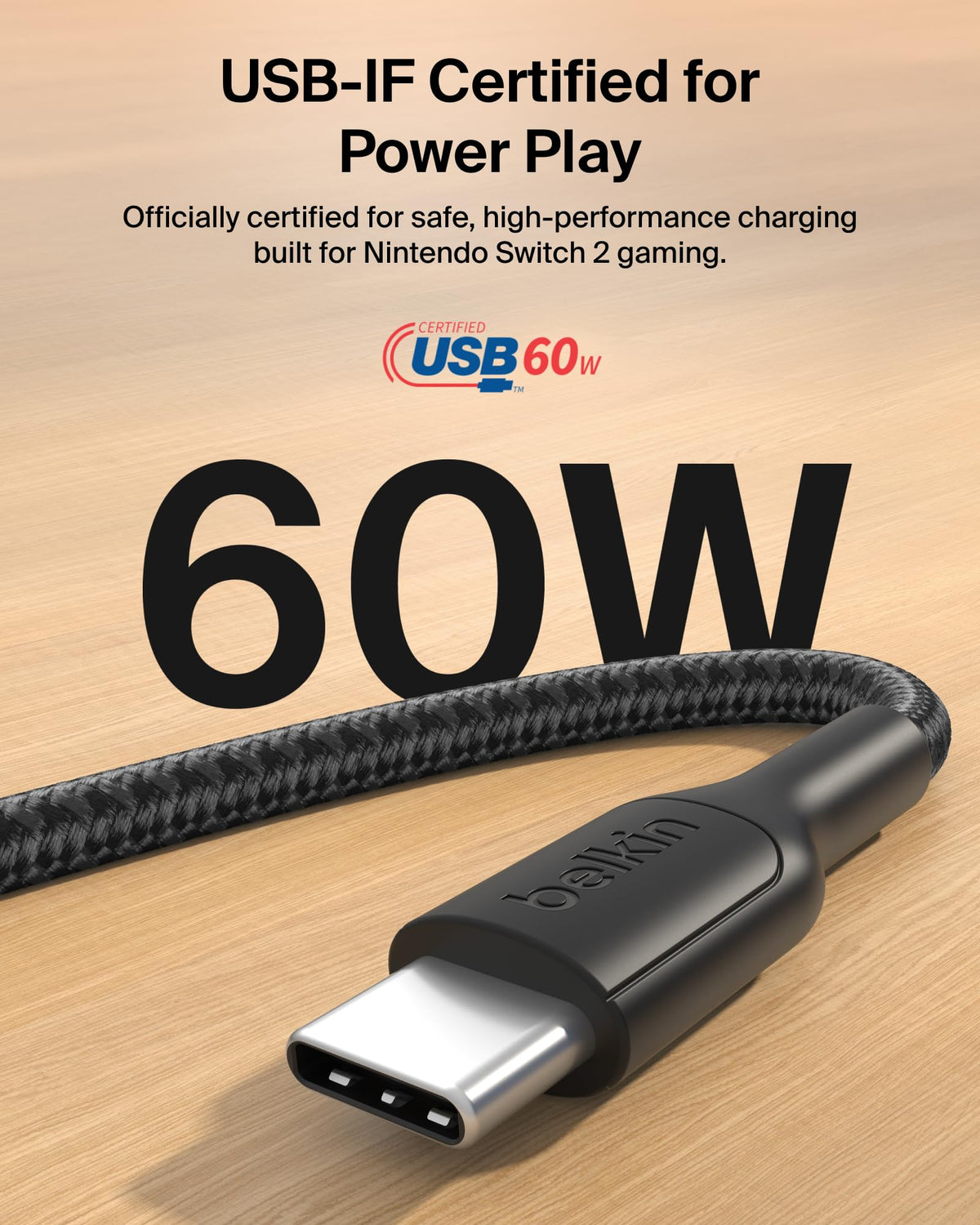 Belkin Gaming USB-C to USB-C Cable 60W (6.6ft), Braided Type C Charger Fast Charging for Nintendo Switch 2, iPhone 16, iPhone 15, iPad, MacBook Air, Chromebook, Samsung Galaxy S25 Ultra, etc. - Black