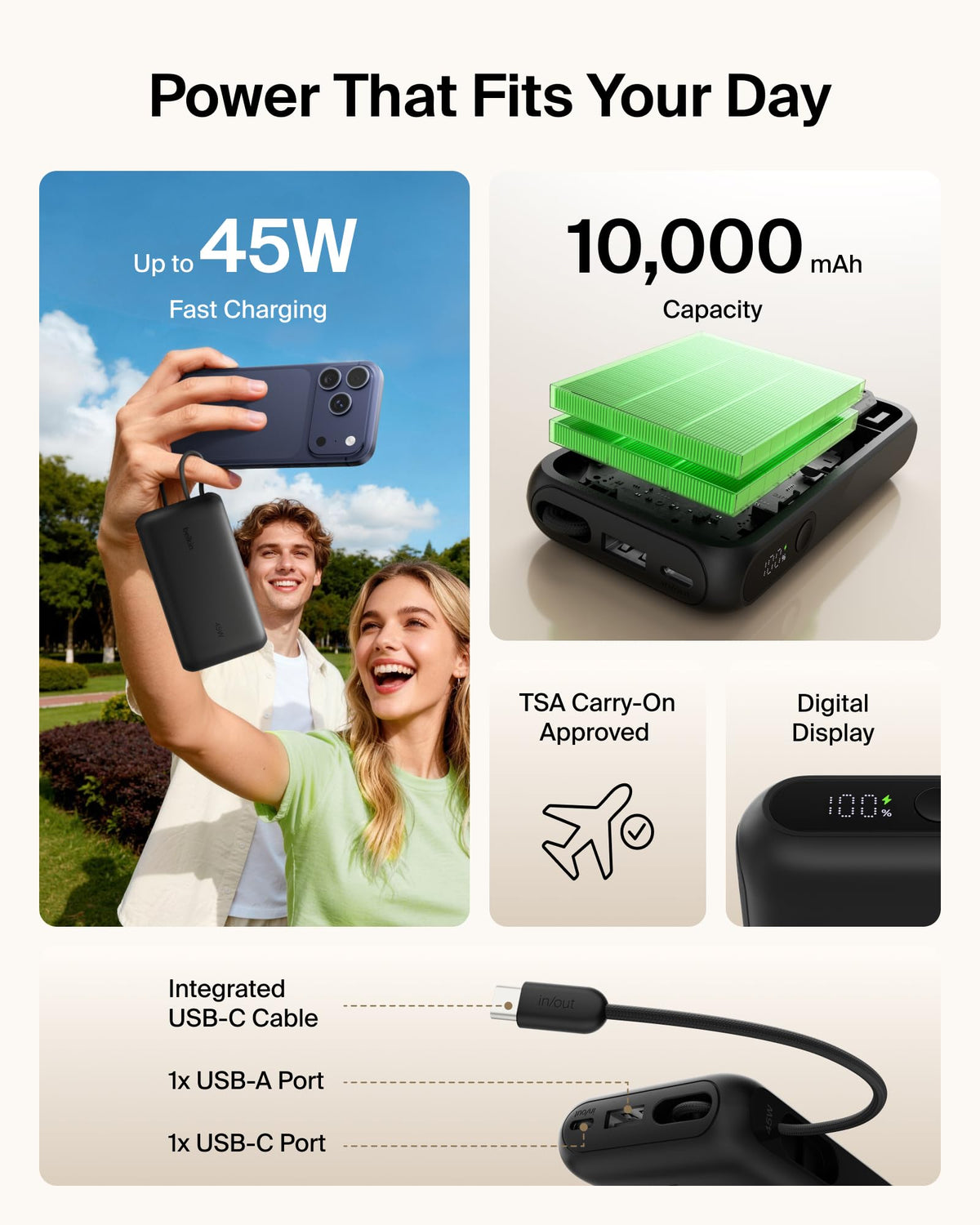 Belkin UltraCharge 10000mAh Power Bank with USB-C Cable and Display - Black