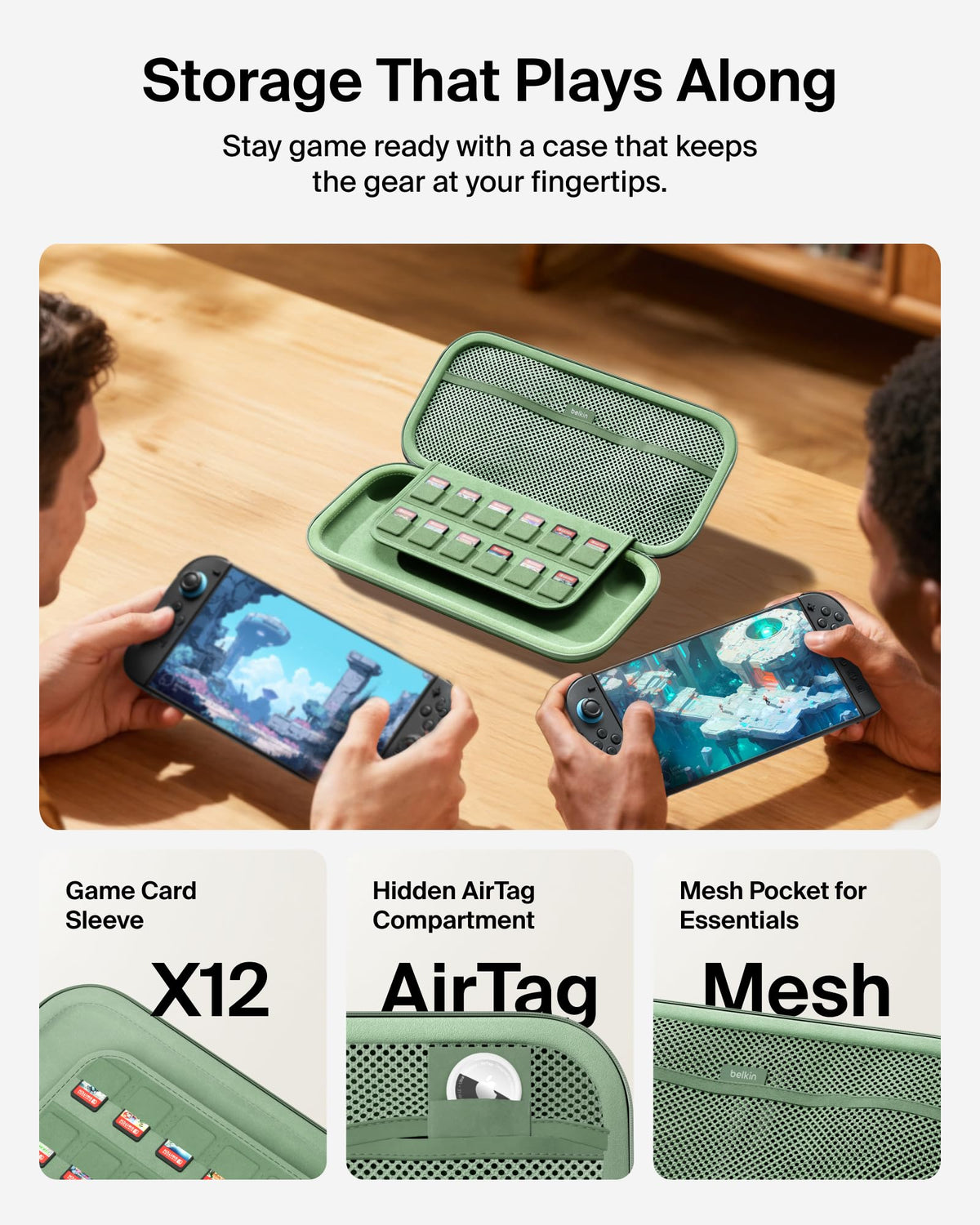Belkin Gaming Nintendo Switch 2 Case Travel Bag with AirTag Holder - Green
