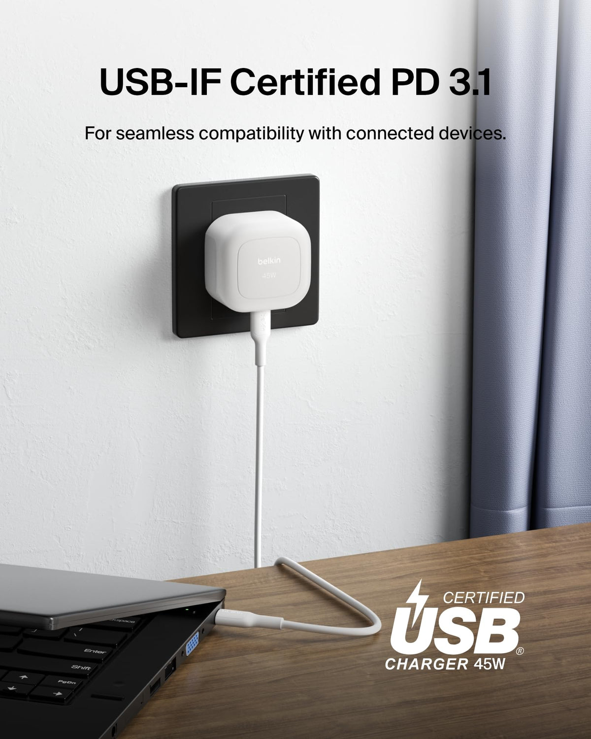 Belkin Compact Wall Charger 45W, USB-C Power Delivery Fast Charging for Apple iPhone 17, iPhone Air, iPhone 16 Serie, Samsung Galaxy S25, Google Pixel, iPad, AirPods & More - White