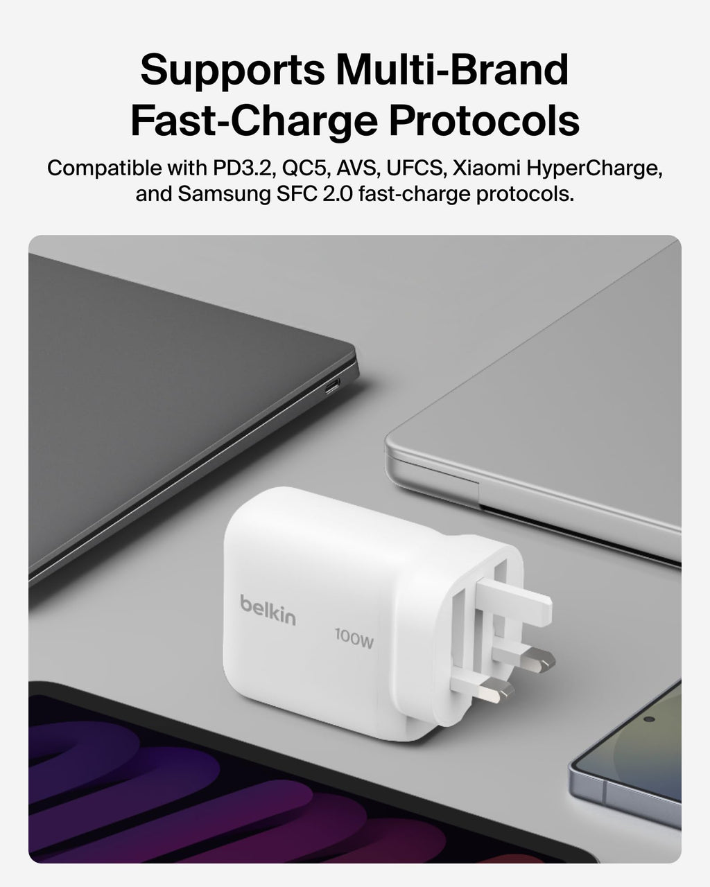 Belkin BoostCharge USB C Plug Charger 100W, GaN Compact and Foldable Plug Charger, Fast Charging for iPhone 17, Samsung Galaxy S26, Pixel 10, AirPods, Tablet, MacBook, Chromebook - White