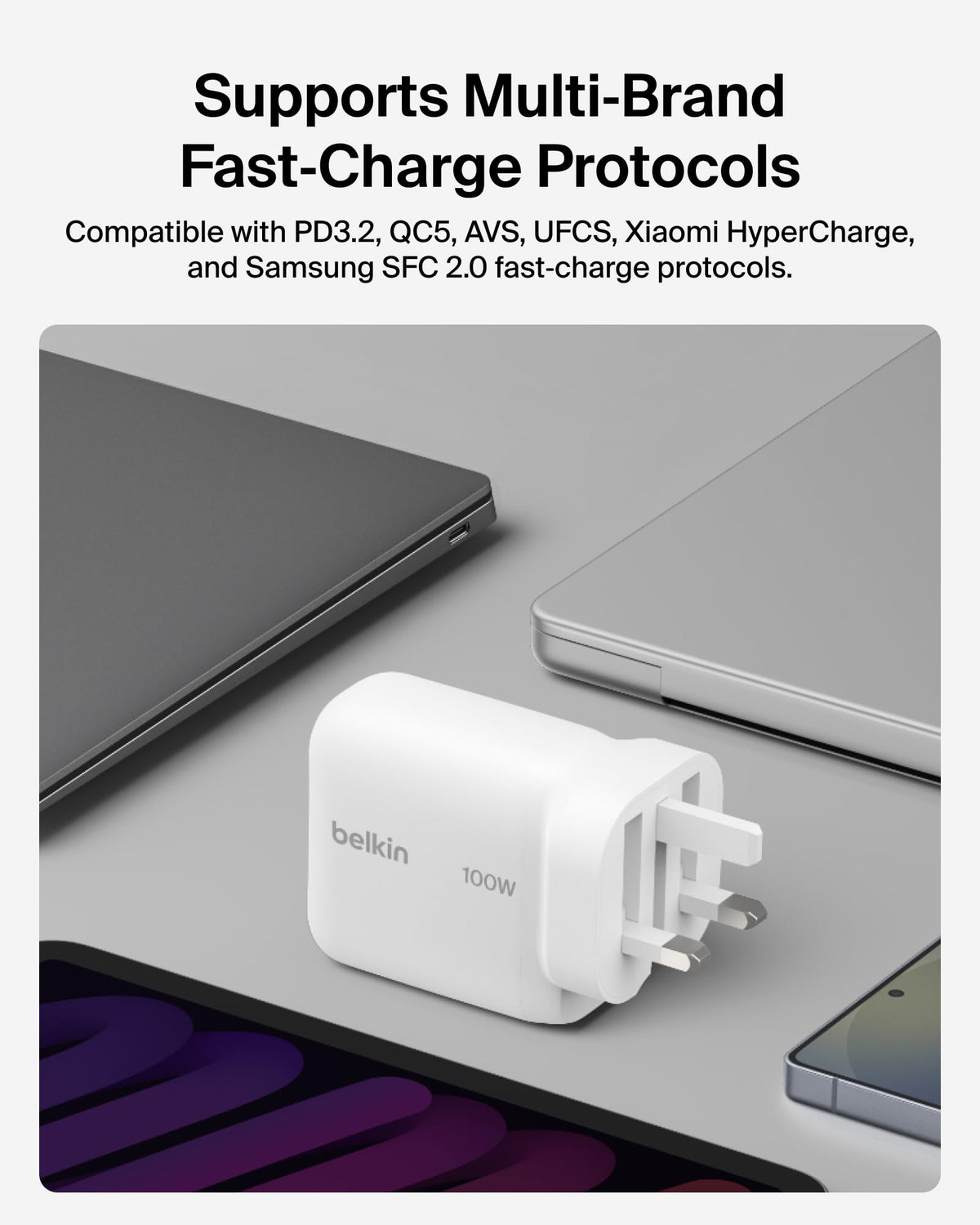 Belkin BoostCharge USB C Plug Charger 100W, GaN Compact and Foldable Plug Charger, Fast Charging for iPhone 17, Samsung Galaxy S26, Pixel 10, AirPods, Tablet, MacBook, Chromebook - White