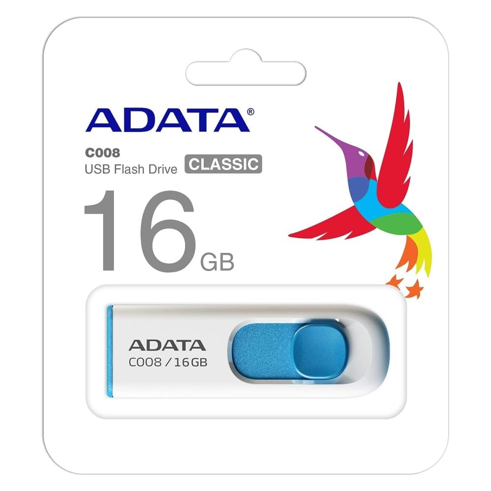 ADATA C008 16GB USB 2.0 Retractable Capless Flash Drive, White/ Blue (AC008-16G-RWE)