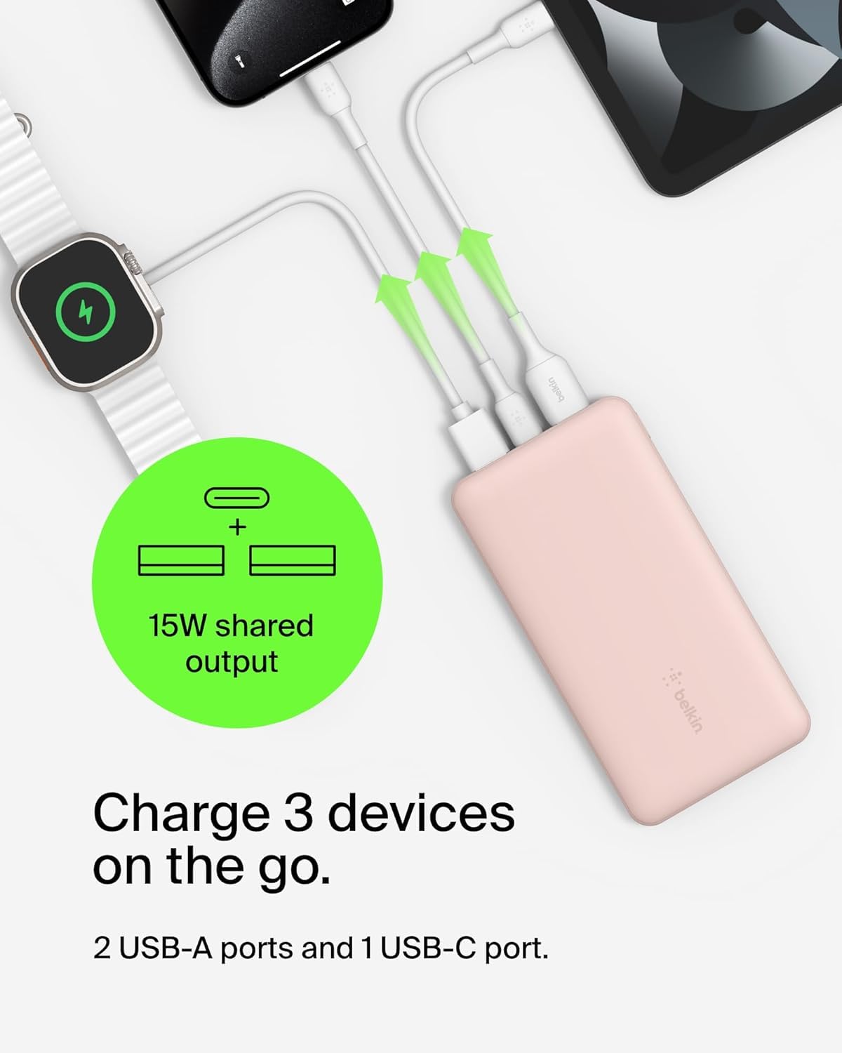 Belkin 10000mAh portable power bank, 10K USB-C portable charger with 1 USB-C port and 2 USB-A ports, battery pack for up to 15W charging for iPhone, Samsung Galaxy, AirPods, iPad, and more - Rose Gold