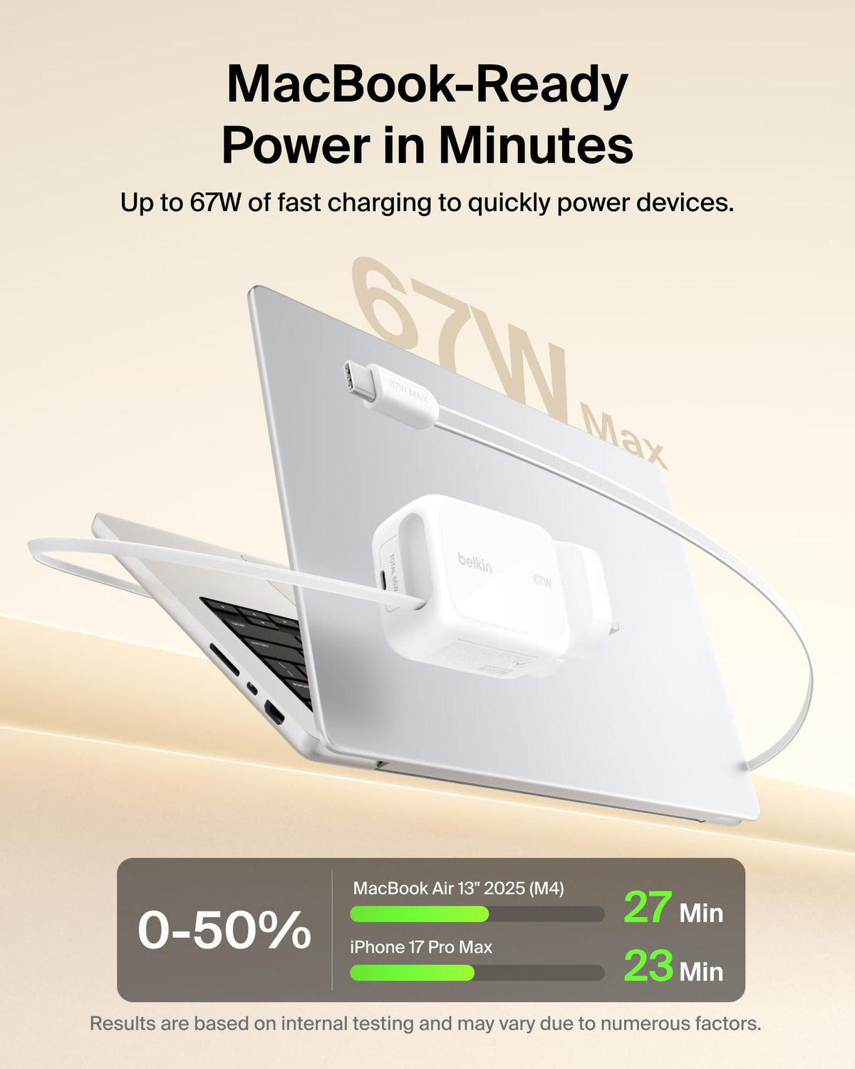 Belkin USB-C Charger Plug 67W with 3.3ft Retractable USB C Cable & USB C Port - GaN iPhone Charger, Fast Charging for iPhone 17 & 16 Series, Galaxy S26 Series, AirPods, Tablet, MacBook, Chromebook