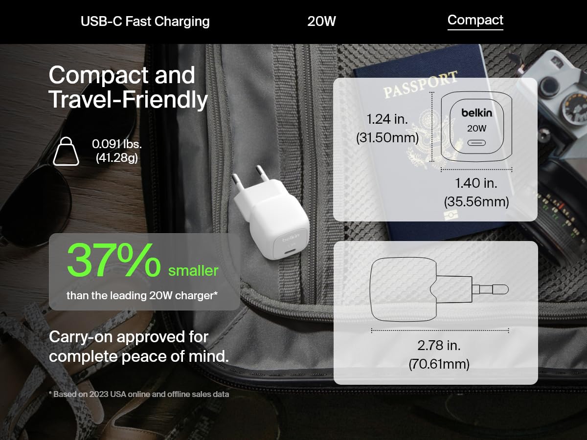 Belkin BoostCharge Cube USB C Wall Charger, 20W USB-C Charger, Power Delivery Charger for Apple iPhone 16, 16 Plus, 16 Pro, 16 Pro Max, Samsung Galaxy S24, iPad, AirPods and More