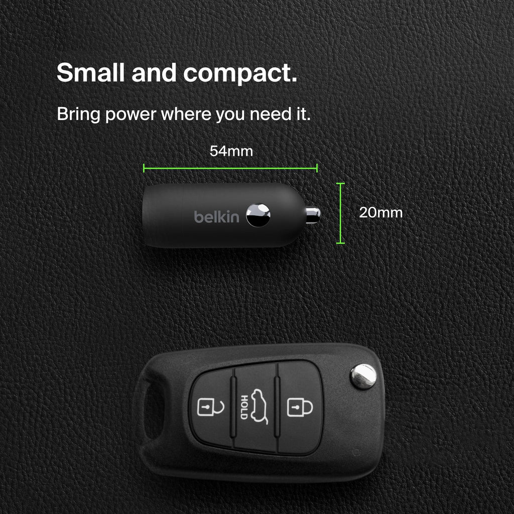 Belkin BoostCharge 30W Fast Car Charger With USB-C Power Delivery Port, Compact Design, Cable Included, Universal Compatibility for iPhone 16, 15, Galaxy S23, Note and More - Black