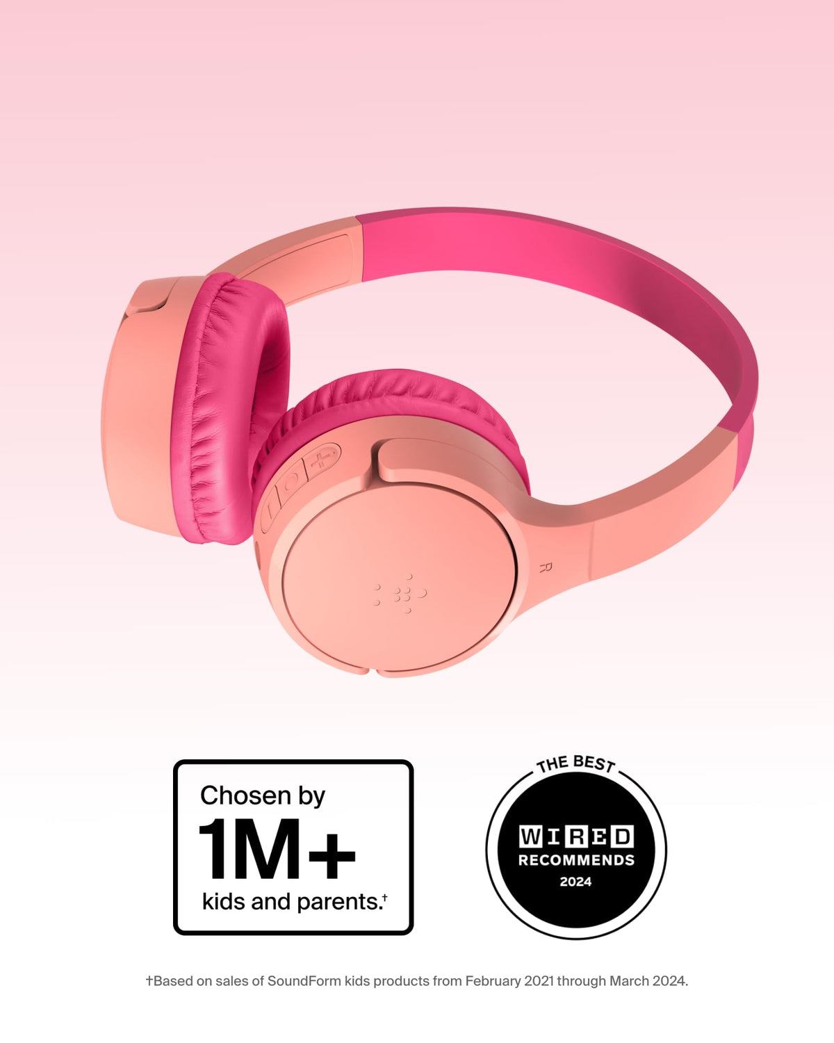 Belkin SoundForm Mini Kids Wireless Headphones with Built-In Microphone, 30H of Playback Time, & Fun Stickers - Over-Ear Headsets for Online Learning, School, Travel, iPhone, iPad, Galaxy - Pink