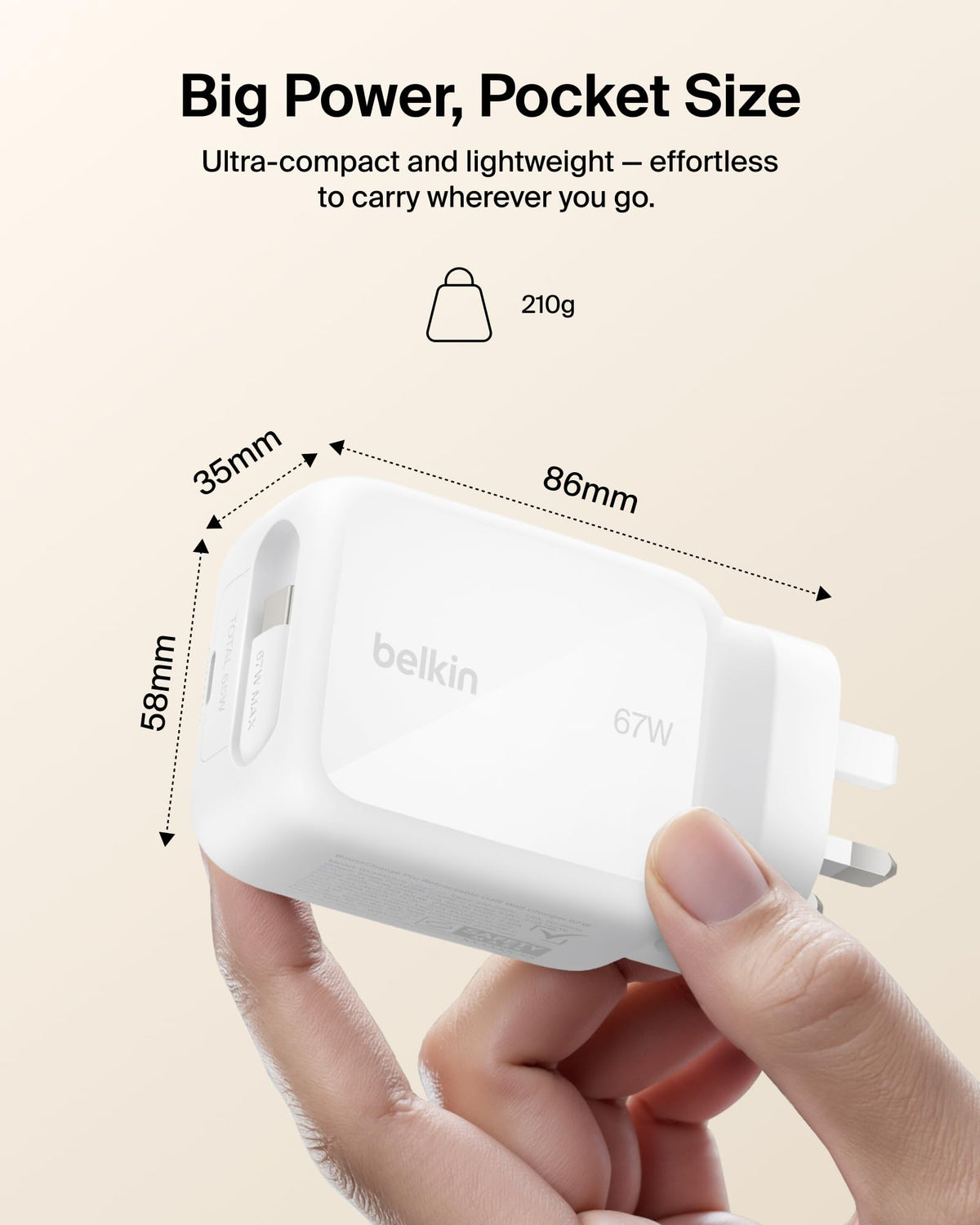Belkin USB-C Charger Plug 67W with 3.3ft Retractable USB C Cable & USB C Port - GaN iPhone Charger, Fast Charging for iPhone 17 & 16 Series, Galaxy S26 Series, AirPods, Tablet, MacBook, Chromebook
