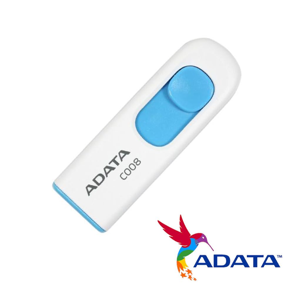 ADATA C008 16GB USB 2.0 Retractable Capless Flash Drive, White/ Blue (AC008-16G-RWE)