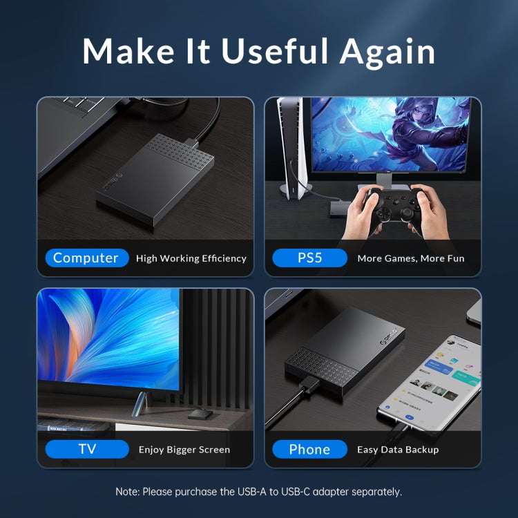 ORICO ORICO-2526C3-V1 2.5 inch USB 3.0 USB-A to Type-C Hard Drive Enclosure External Storage Case (Black)