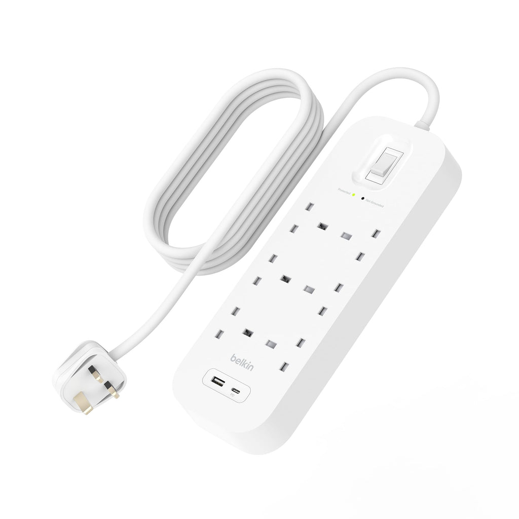 Belkin 6-Outlet Surge Protector Power Strip with USB-C and A Ports, 2m Cord