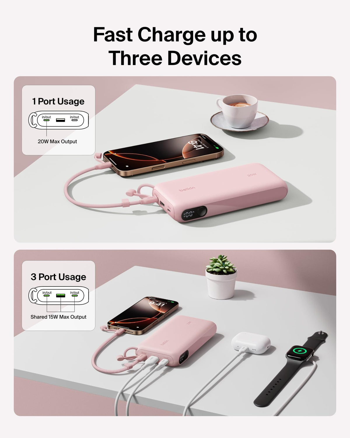 Belkin Portable Charger, USB-C Power Bank 20,000mAh with 2x Type C Ports & 1x USB-A Port, Digital Battery Display, 20W Charging for iPhone 17 Series, Samsung Galaxy S25, Pixel 10, iPad, & More - Pink