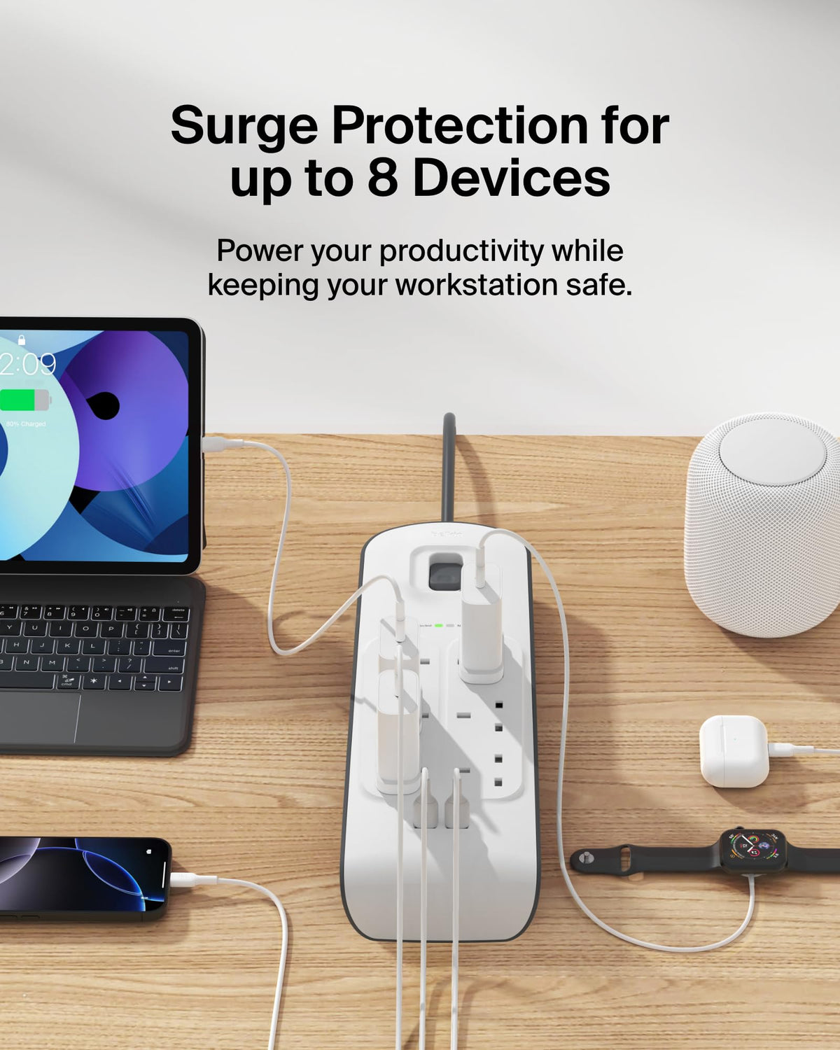 Belkin Extension Lead with USB Slots x 2 (2.4 A Shared), 6 Way/6 Plug Extension, 2m Surge Protected Power Strip - White