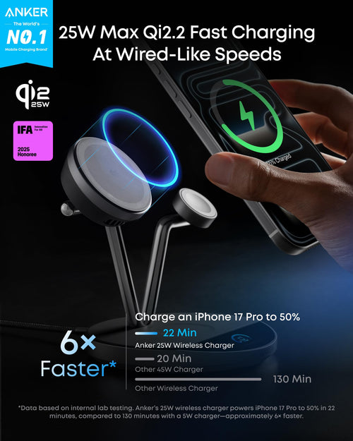 Anker Prime 3-in-1 Wireless Charger Dock Stand, Qi2‑Certified 25W