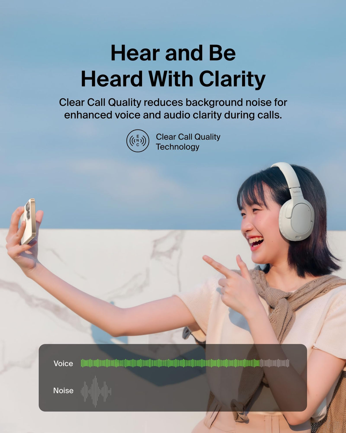 Belkin SoundForm Surround Bluetooth Over-Ear Headphones, Environmental Noise Cancelling Headphones, Wireless with 60H Playtime and Soft Ear Cups for iPhone, Galaxy, iPad, Travel, Home or Office, Sand