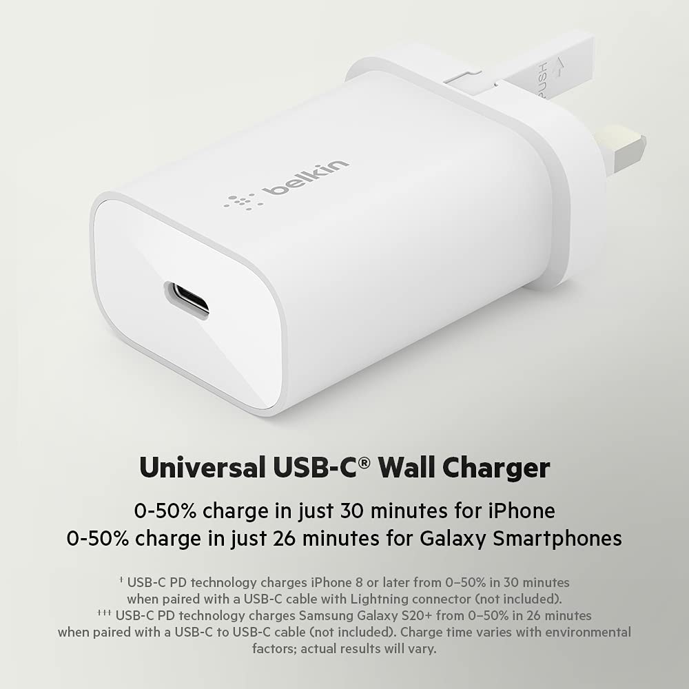 Belkin BoostCharge 25W Wall Charger with PPS, USB Plug with USB-C Power Delivery, Fast Travel USB Charger for iPhone 17, Air, Samsung Galaxy S25, iPad, Pixel, tablets and more - White