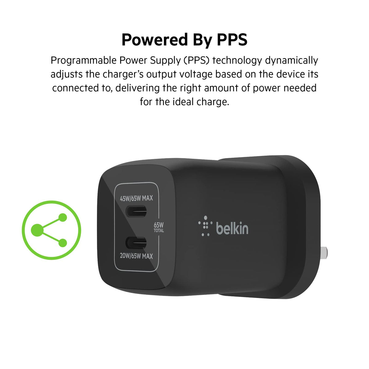 Belkin 65W Dual USB Type C Wall Charger, Fast Charging Power Delivery 3.0 with GaN Technology, USB Plug fast charger for iPhone 17, Air, iPad, MacBook, Samsung Galaxy S25, Pixel and More - Black