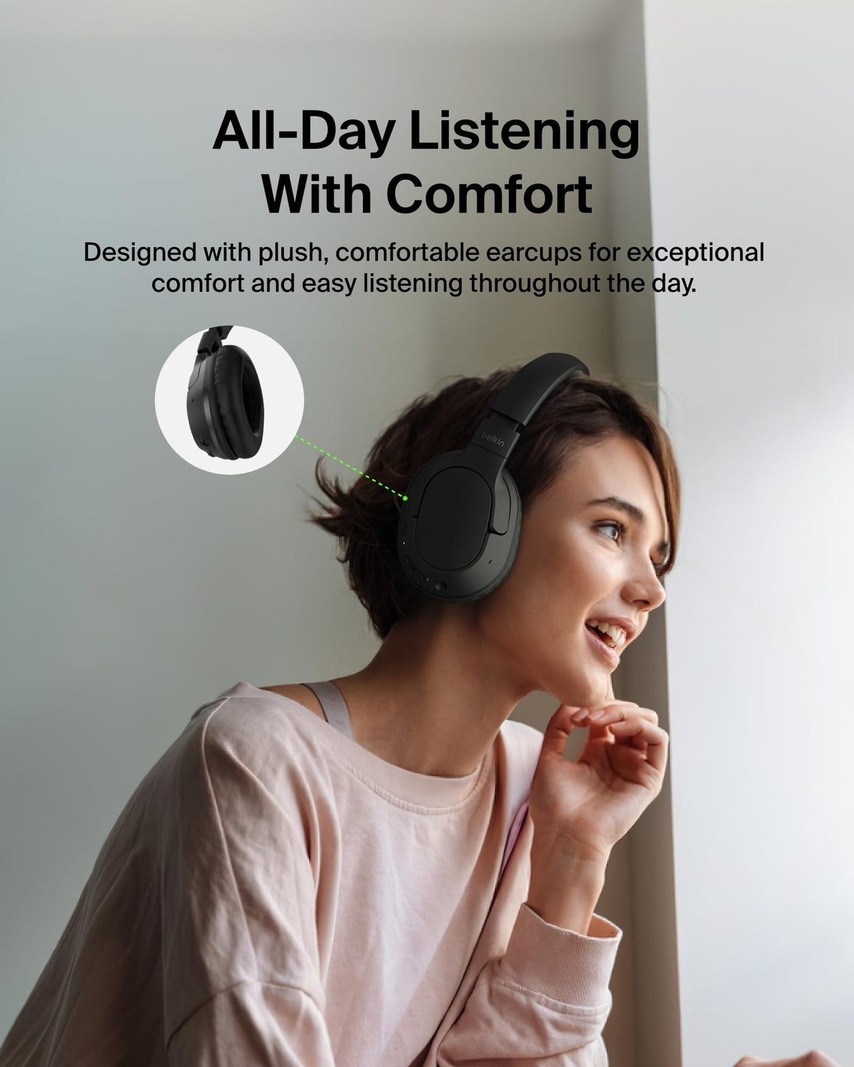 Belkin SoundForm Surround Bluetooth Over-Ear Headphones, Environmental Noise Cancelling Headphones, Wireless with 60H Playtime and Soft Ear Cups for iPhone, Galaxy, iPad, Travel, Home or Office, Black