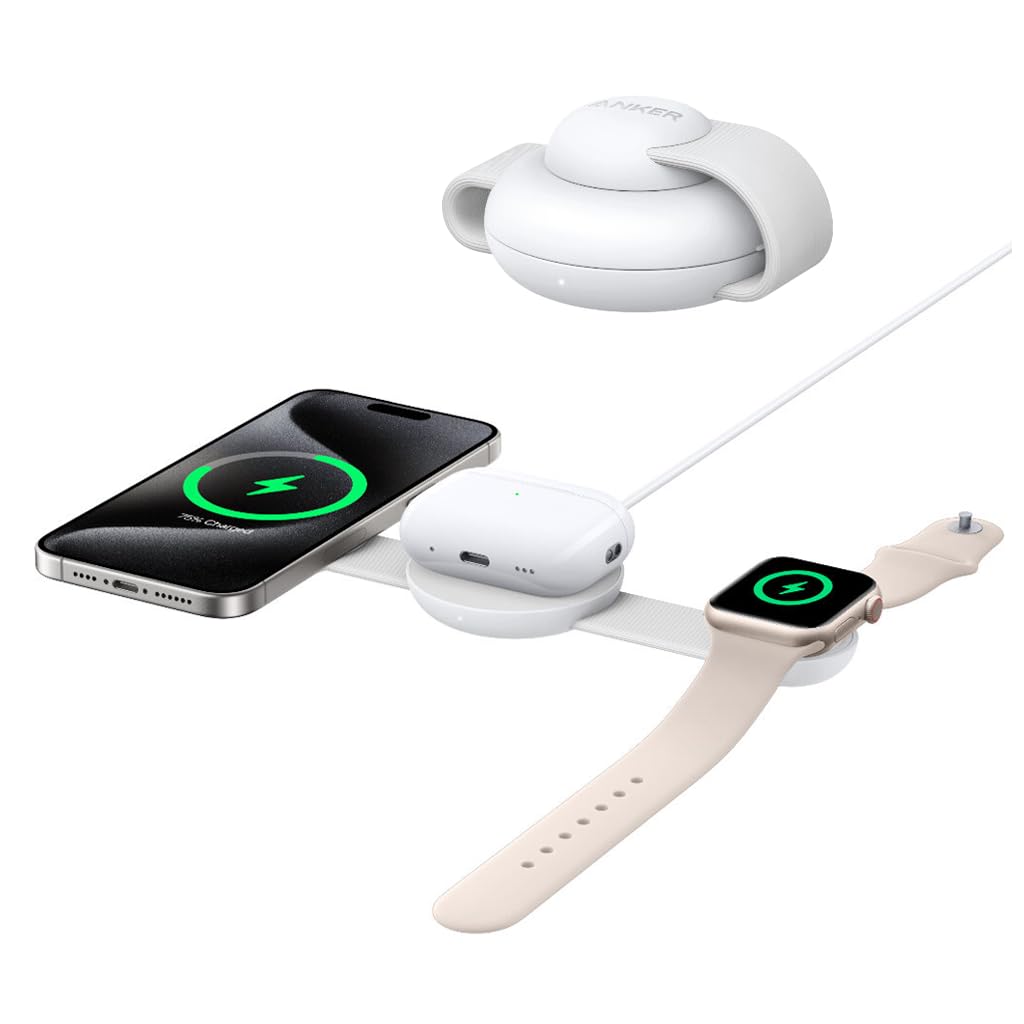Anker MagSafe Compatible 3-in-1 Wireless Charging Station, Qi2 Certified 15W MagGo Charger, Foldable Travel Wireless Charging Pad for iPhone 17/16/15/14 Series, AirPods, Apple Watch (Not a Power Bank)
