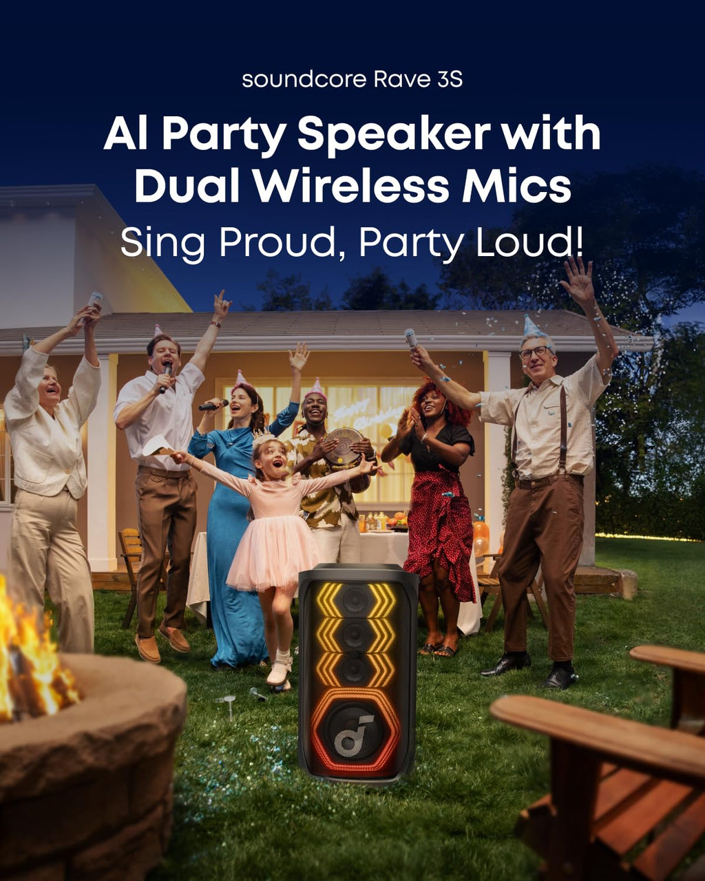 soundcore Rave 3S AI Karaoke Party Speaker (A31A3) with 2 Wireless Microphones, 200W Sound, AI Vocal Removal, Vocal Enhancer, Reverb, Light Show, 12H Playtime, Portable Bluetooth PA System for Party