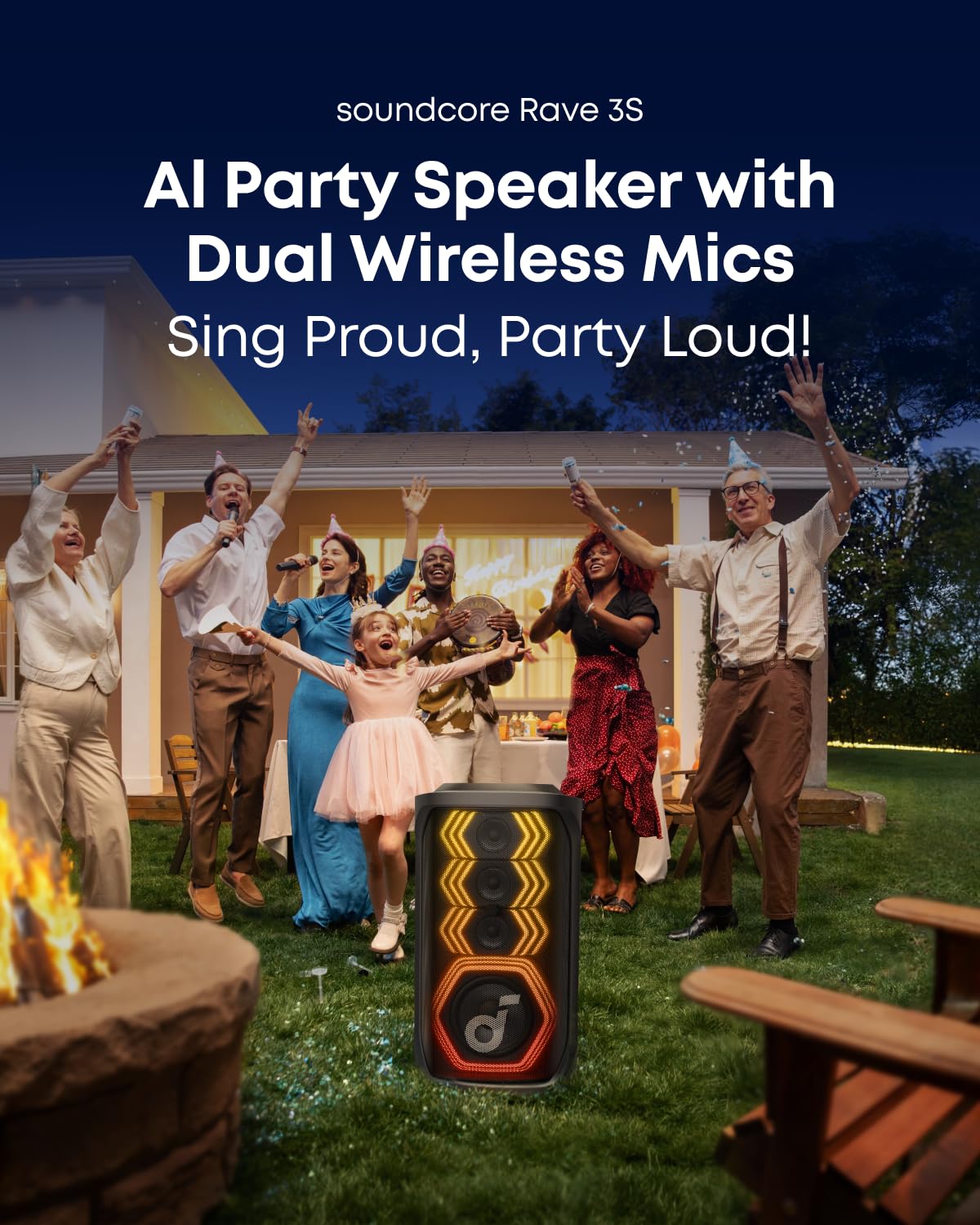 soundcore Rave 3S AI Karaoke Party Speaker (A31A3) with 2 Wireless Microphones, 200W Sound, AI Vocal Removal, Vocal Enhancer, Reverb, Light Show, 12H Playtime, Portable Bluetooth PA System for Party