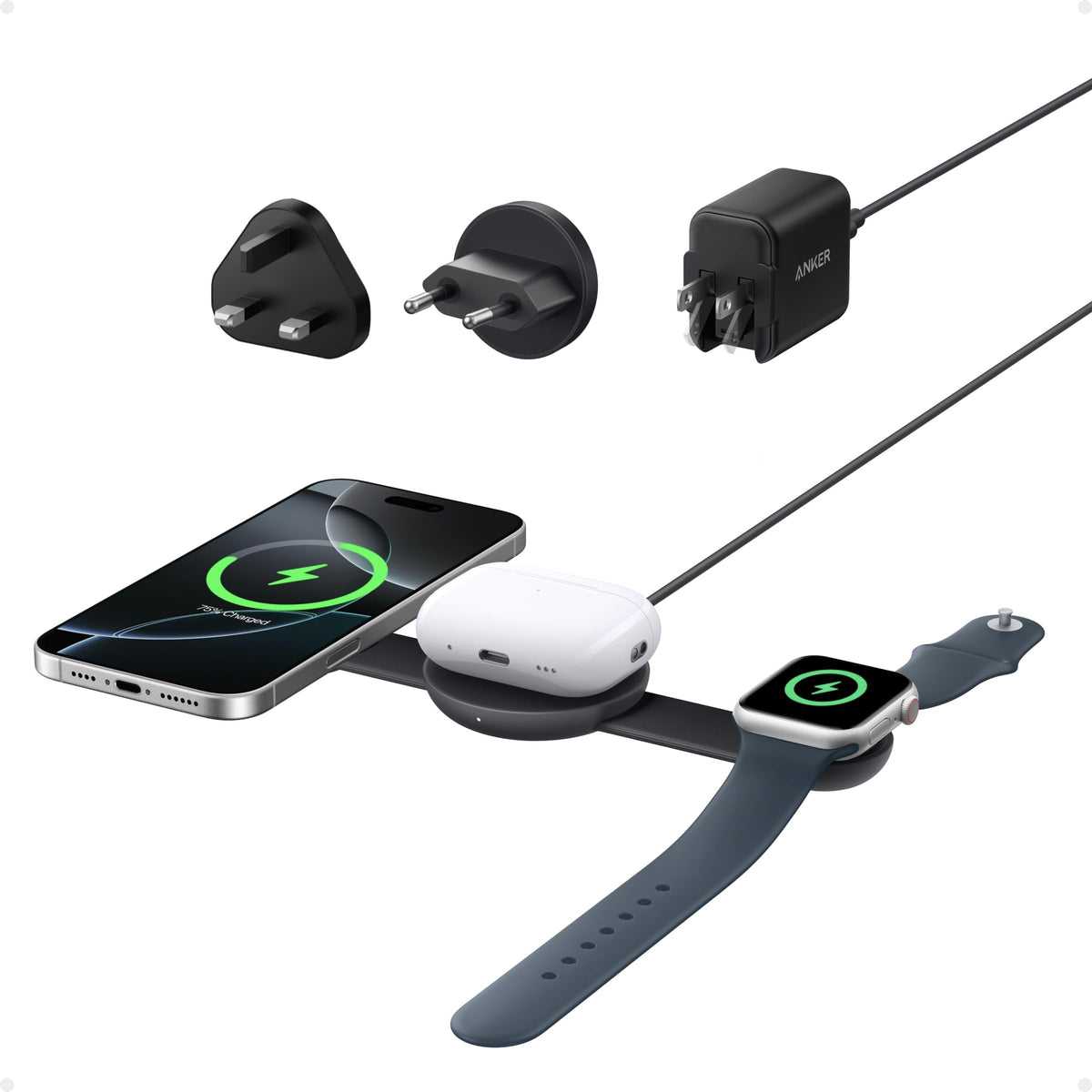 Anker MagSafe Compatible 3-in-1 Wireless Charging Station, Qi2 Certified 15W MagGo Charger, Foldable Travel Wireless Charging Pad for iPhone 17/16/15/14 Series, AirPods, Apple Watch (Not a Power Bank)