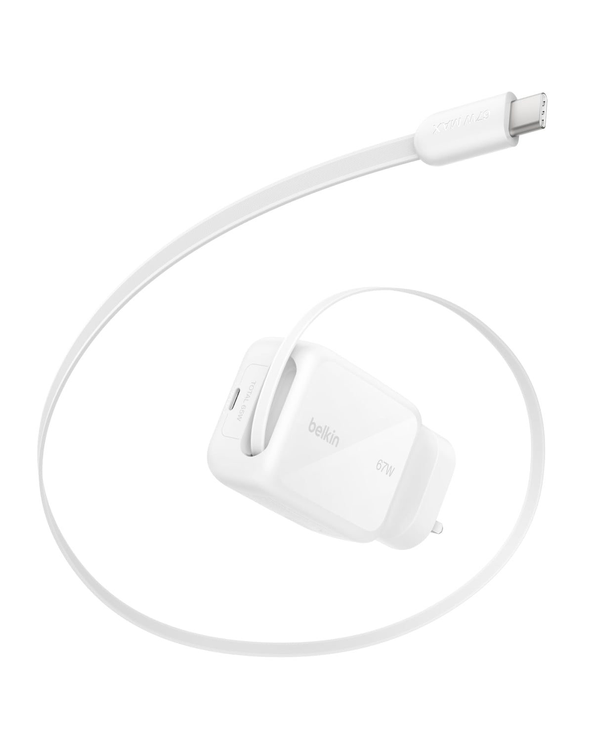 Belkin USB-C Charger Plug 67W with 3.3ft Retractable USB C Cable & USB C Port - GaN iPhone Charger, Fast Charging for iPhone 17 & 16 Series, Galaxy S26 Series, AirPods, Tablet, MacBook, Chromebook