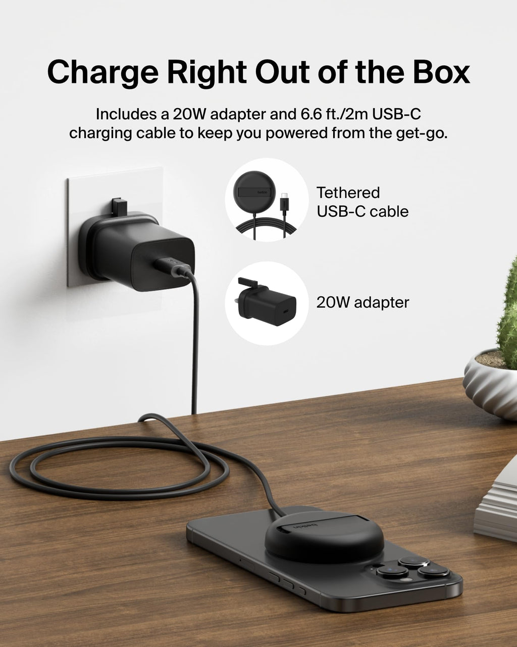 Belkin Magnetic Wireless Charging Pad 15W with Pop-Up Stand - MagSafe-Compatible Certified Qi2 Wireless Charger for iPhone 17, Air, 16, 15, Pixelsnap, Samsung Galaxy, AirPods with PSU Included - Black