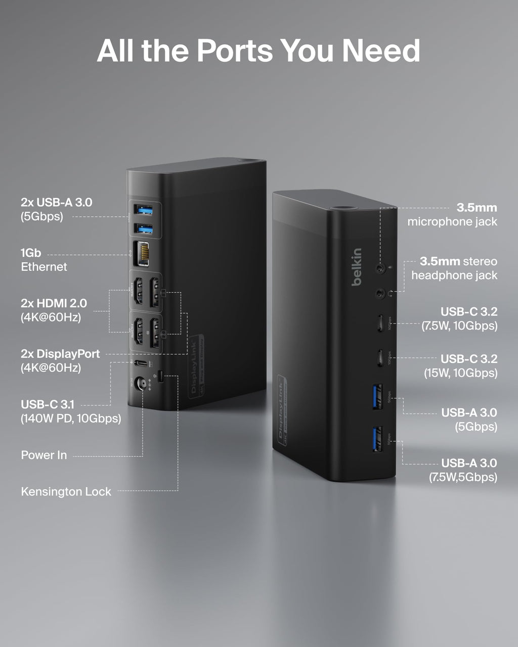 Belkin Connect 14-in-1 Docking Station 140W, Dual Display USB C Dock with 4K@60Hz Support, DisplayLink Technology - USB C Dock with 10Gbps Data Transfer, 1Gb Ethernet Port - Laptop Expansion Hub