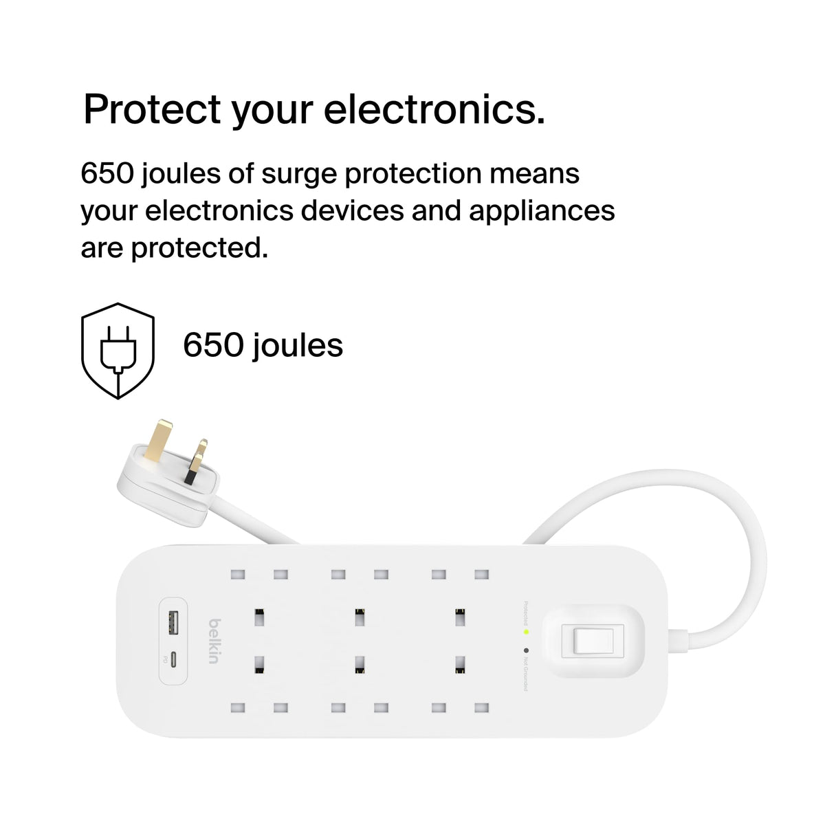 Belkin 6-Outlet Surge Protector Power Strip with USB-C and A Ports, 2m Cord