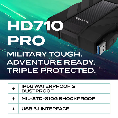 ADATA HD710 Pro 2TB HDD, USB 3.1, IP68 Waterproof/Shockproof/Dustproof Ruggedized External Hard Drive, Black (AHD710P-2TU31-CBK)