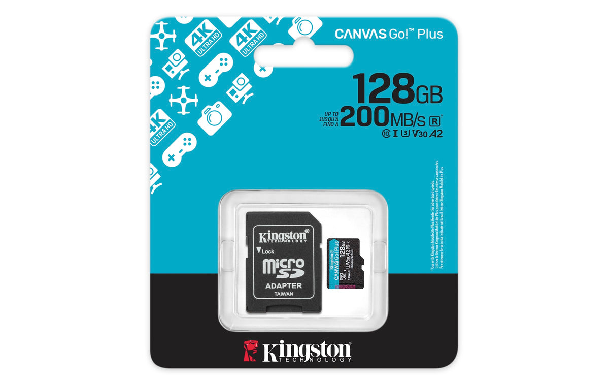 Kingston Canvas Go Plus microSDXC Memory Card Gen4 200MB/s A2 U3 V30 128GB Card + Adapter-SDCG4/128GB