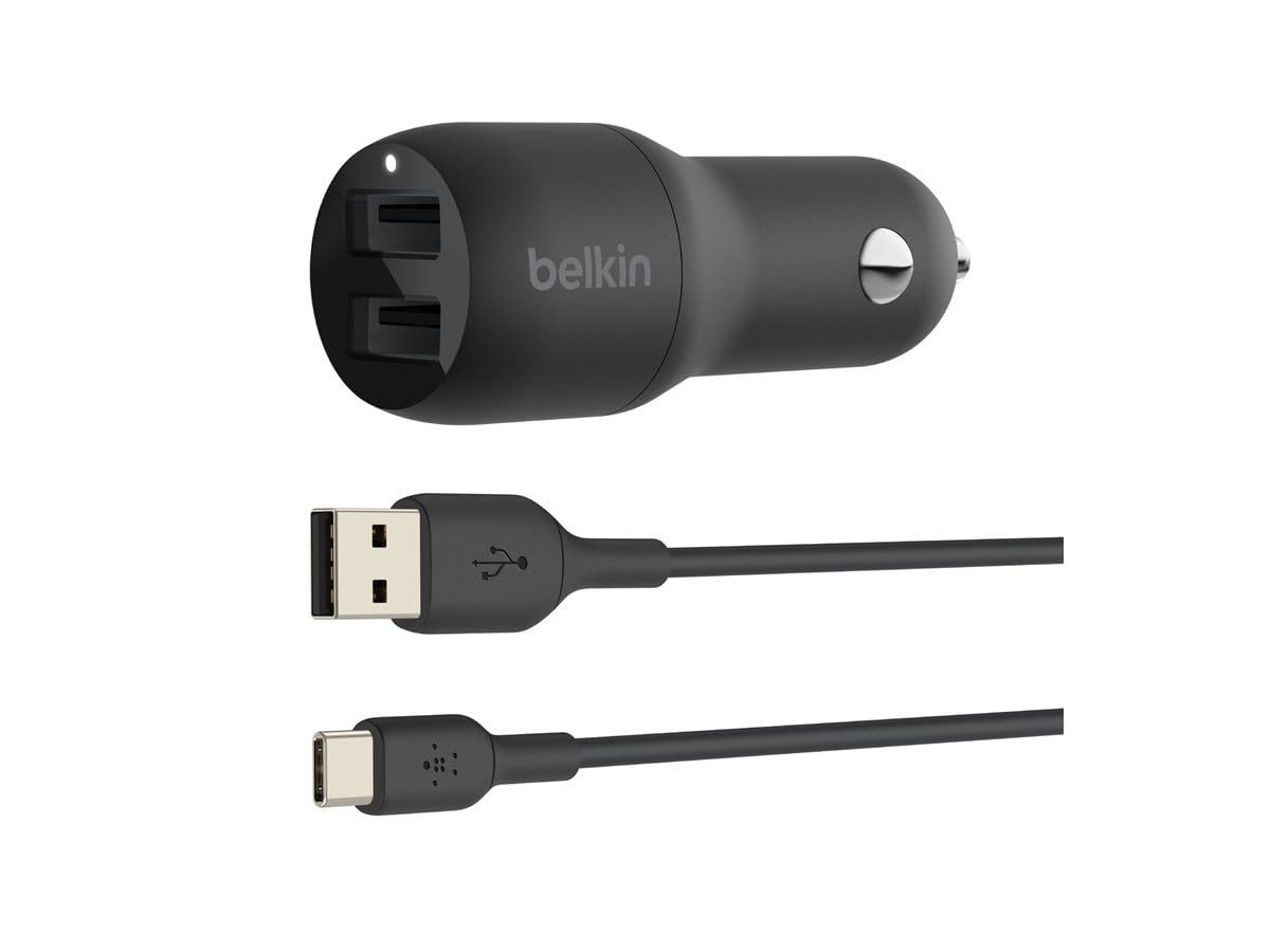 Belkin Boost Charge Dual USB Car Charger 24 W + USB-A to USB-C cable (Dual USB-A Port Charger for Samsung, Pixel, iPad Pro, Nintendo Switch and More)