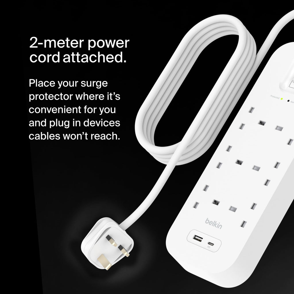 Belkin 6-Outlet Surge Protector Power Strip with USB-C and A Ports, 2m Cord