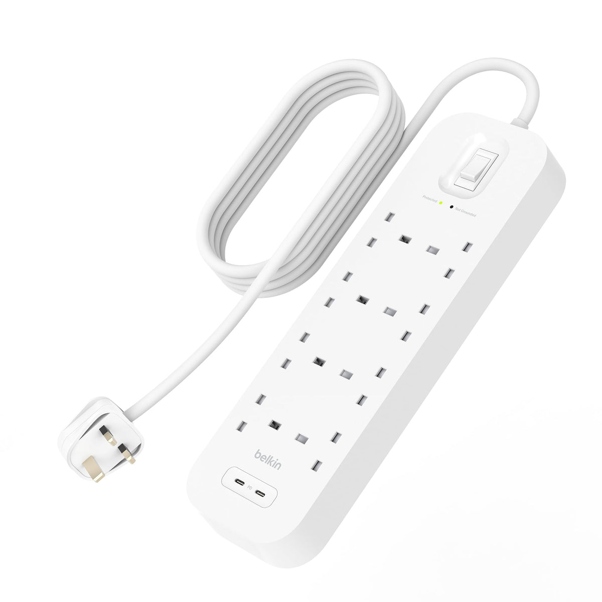 Belkin 8-Outlet Surge Protector Power Strip with 2 USB-C Ports, 2m Cord