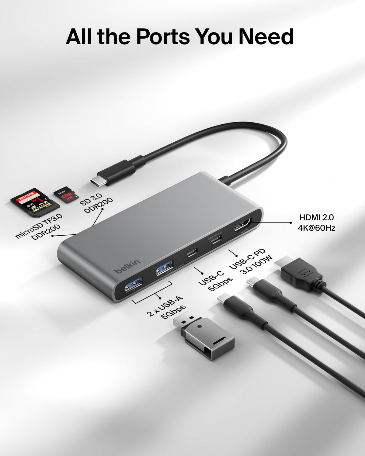 Belkin USB C Hub, 7-Port Hub w/ 4K HDMI Display @ 60Hz, SD & MicroSD, 100W Power Delivery, Fast Data Transfer 5Gbps, USB C Multiport Adapter for MacBook, iPad Pro, Chromebook - HDMI 2.0 - Grey