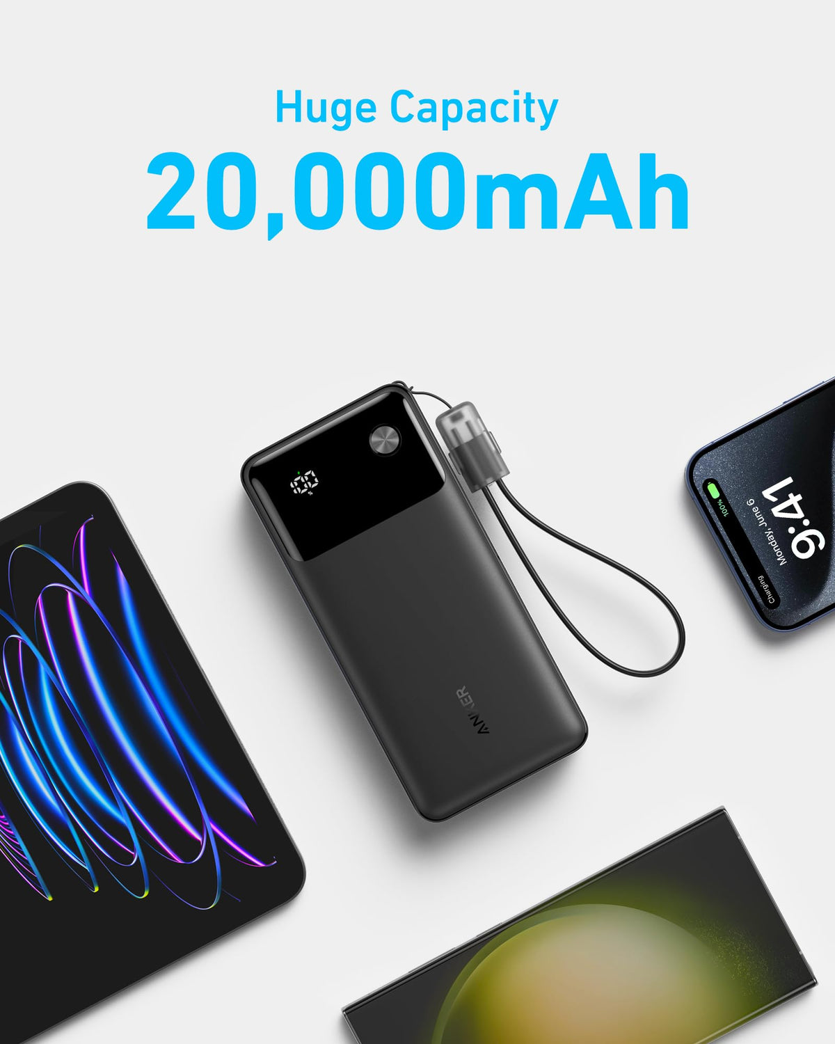 Portable Power Bank, 20000mAh, 30W Fast Charging, Digital Display, 2 USB-C & USB-A Ports