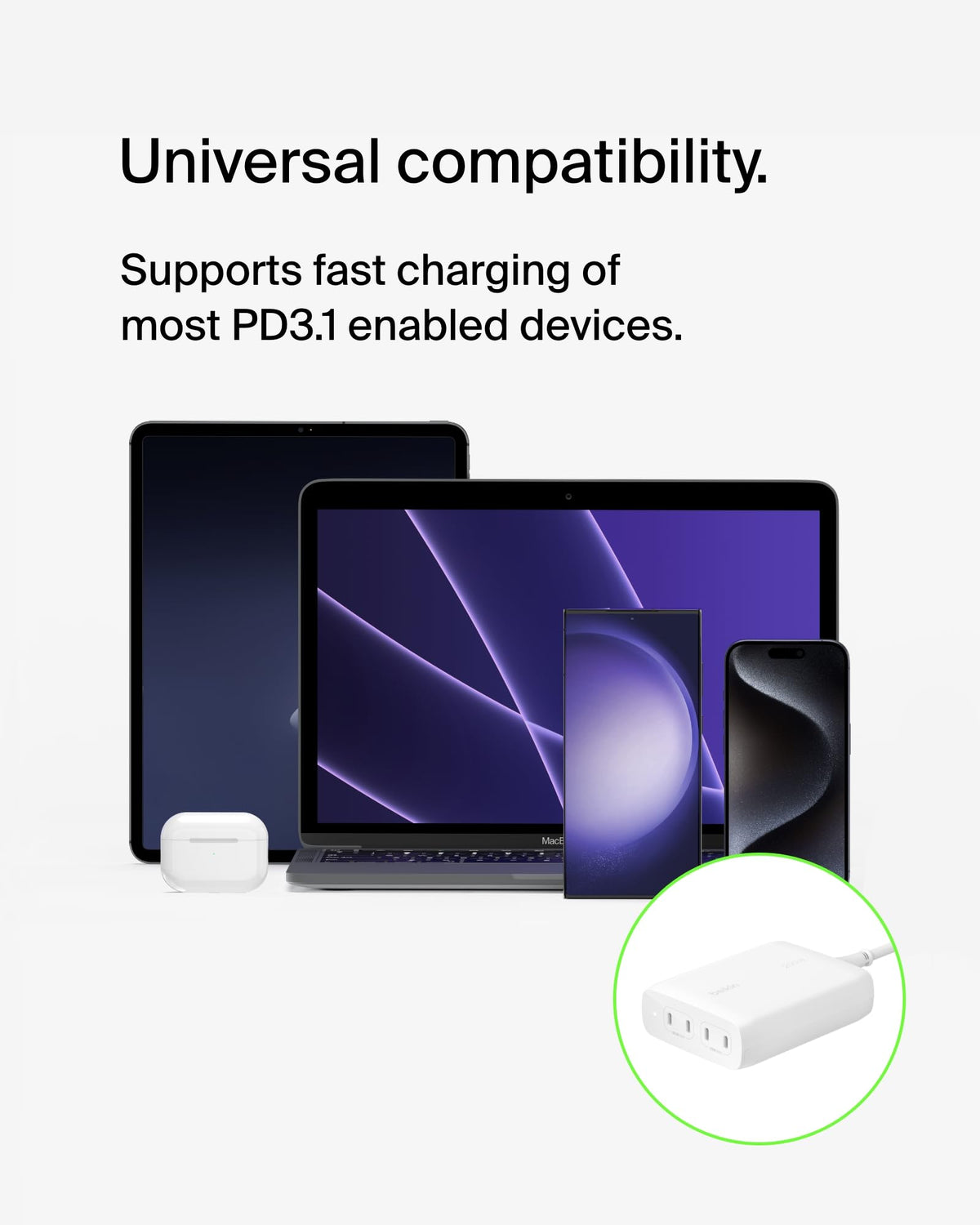 Belkin BoostCharge Pro 4-Port USB-C GaN Wall Charger, 200W Multi-Port Charger w/USB-C PD 3.1 Fast Charge + 5ft Power Cord for MacBook Pro, iPhone 17, Air, iPad, Galaxy S25, Pixel 10, Laptop - White