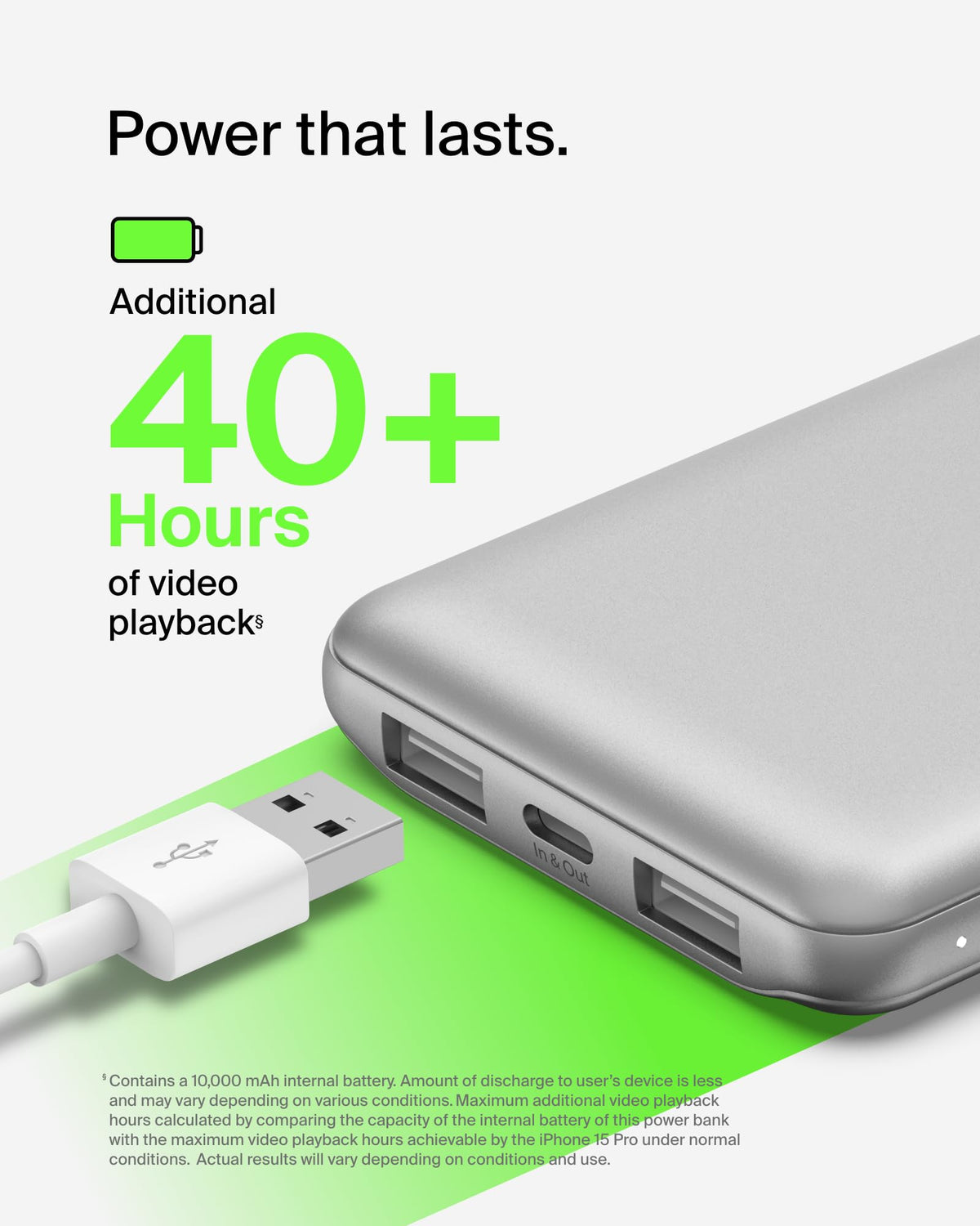 Belkin Portable Charger, USB-C Power Bank 10,000mAh w/ 1xUSB-C Port and 2xUSB-A Ports, 15W w/Type-C to Type-A Cable for iPhone 16, 16 Plus, Samsung Galaxy S25, Nintendo Switch 2 & More - Silver