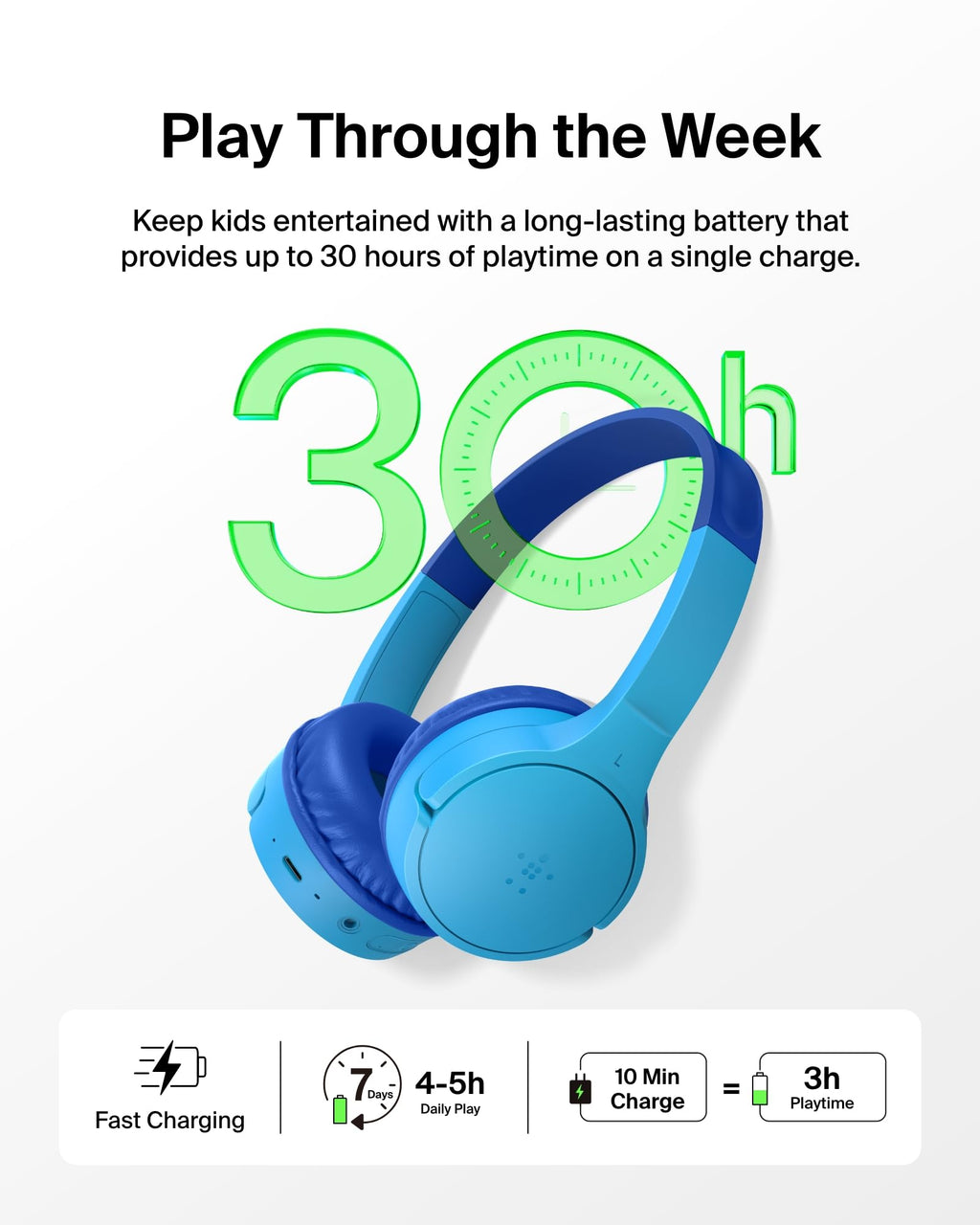 Belkin SoundForm Mini Kids Wireless Headphones with Built-In Microphone, 30H of Playback Time, & Fun Stickers - Over-Ear Headsets for Online Learning, School, Travel, iPhone, iPad, Galaxy - Blue