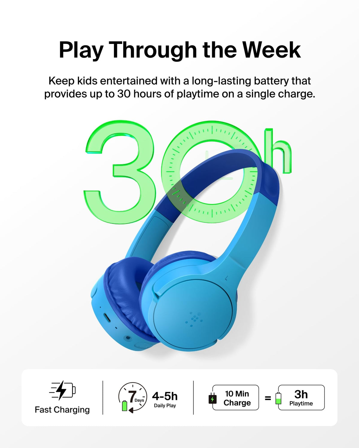 Belkin SoundForm Mini Kids Wireless Headphones with Built-In Microphone, 30H of Playback Time, & Fun Stickers - Over-Ear Headsets for Online Learning, School, Travel, iPhone, iPad, Galaxy - Blue