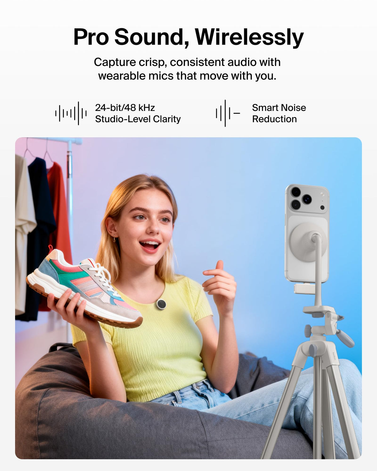 Belkin Stage Wireless Clip On Microphone, Dual Wearable Clip On Mic for iPhone, Android, 24-bit/48 kHz, 36H Battery, Noise Reduction, Magnetic Mini Omnidirectional Mic for YouTube, Podcast, Vlogging