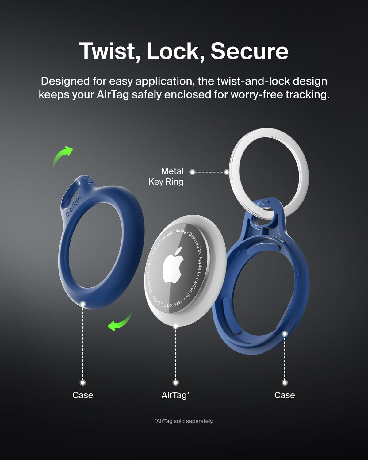Belkin F8W973 AirTag Case with Key Ring (Secure Holder Protective Cover for Air Tag with Scratch Resistance Accessory) - Blue