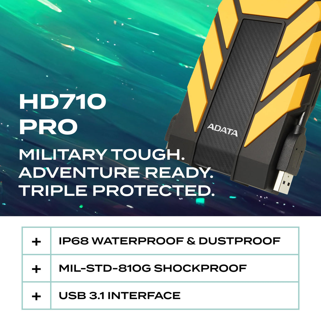 ADATA HD710 Pro 2TB USB 3.1 IP68 Waterproof/Shockproof/Dustproof Ruggedized External Hard Drive, YELLOW (AHD710P-2TU31-CYL)