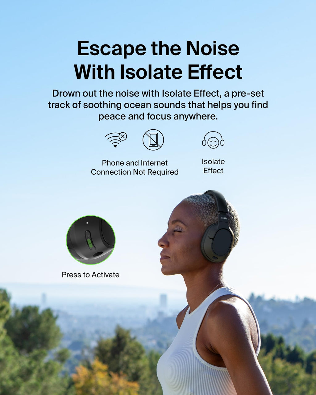 Belkin SoundForm Isolate Noise-Cancelling Wireless Headphones, over ear headphones with mic, Bluetooth headphones with 60H playtime, deep bass, CloudCushion ear cups for travel, home, office - Black