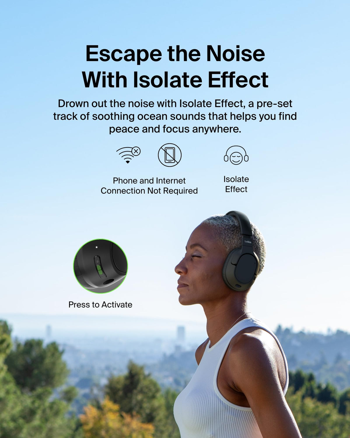 Belkin SoundForm Isolate Noise-Cancelling Wireless Headphones, over ear headphones with mic, Bluetooth headphones with 60H playtime, deep bass, CloudCushion ear cups for travel, home, office - Black