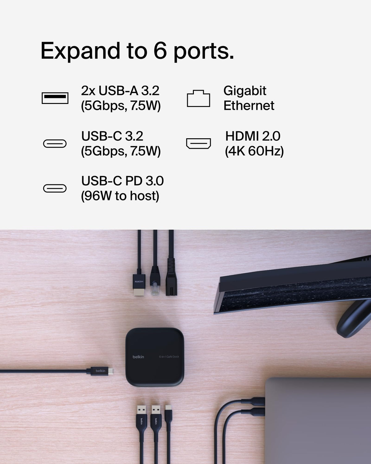 Belkin Connect USB-C Dock 6-in-1 Core GaN, 130W, Multiport Docking Station with 96W PD to Peripherals, USB-C, USB-A, Gigabit Ethernet, & HDMI 4K Ports for Gaming, MacBook Pro, PC Laptops, & Chromebook