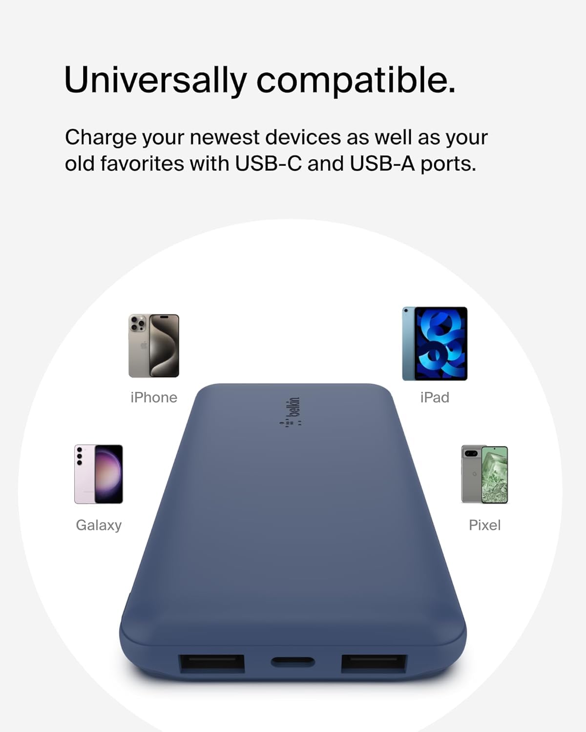 Belkin 10000mAh portable power bank, 10K USB-C portable charger with 1 USB-C port and 2 USB-A ports, battery pack for up to 15W charging for iPhone, Samsung Galaxy, AirPods, iPad, and more - Blue